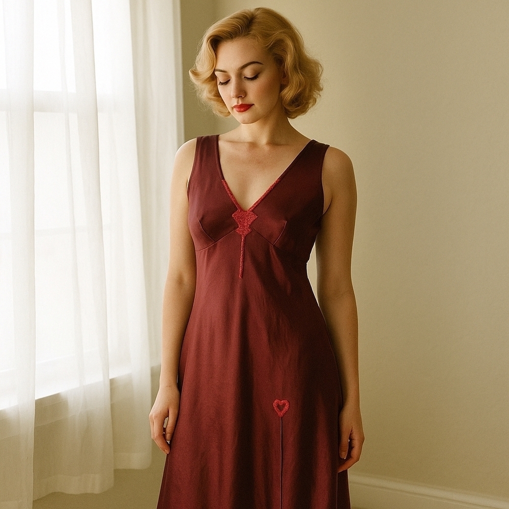 Vtg Satin Burgundy Slip Dress Nightgown Red Embroidered Accents Slit Hem